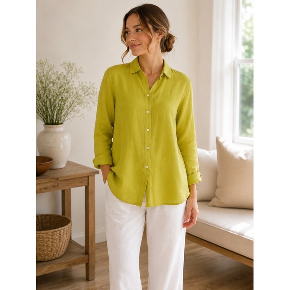 J. Jill Tops - J. Jill Love Linen Chartreuse Green Long Sleeve Button Down Shirt Womens Medium